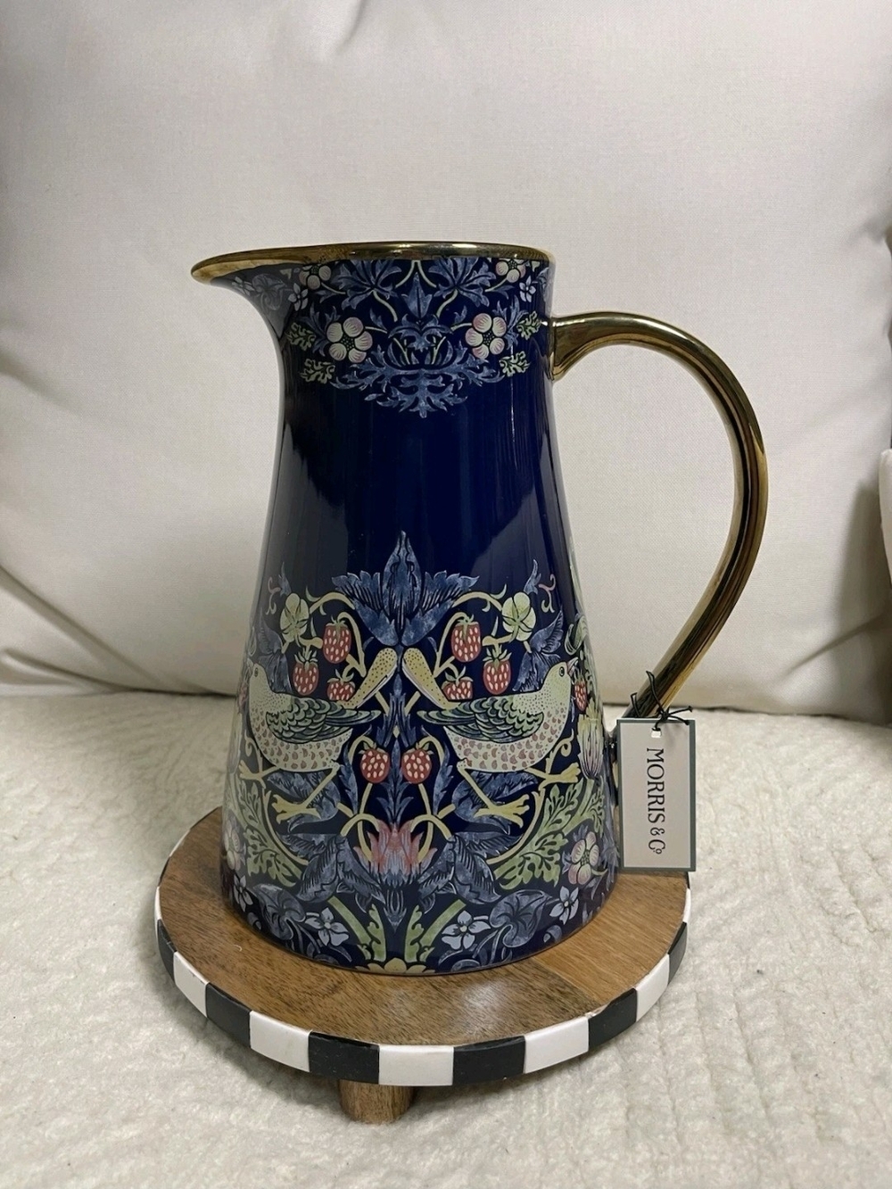Morris & Co. Navy Strawberry Thief Ceramic Pitcher Vase Decor Viral